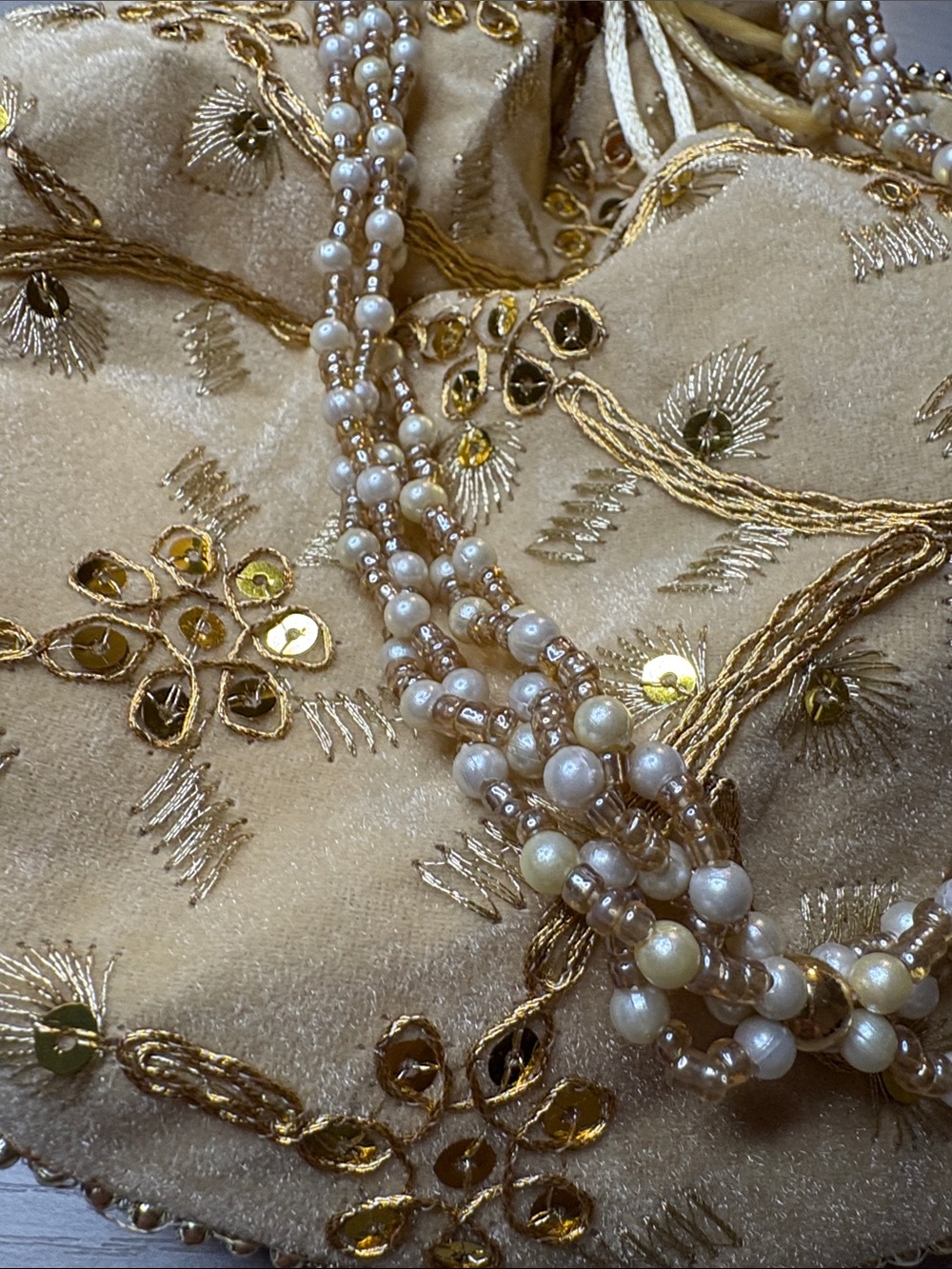 Hand made Embroidered Gold Drawstring Pouch